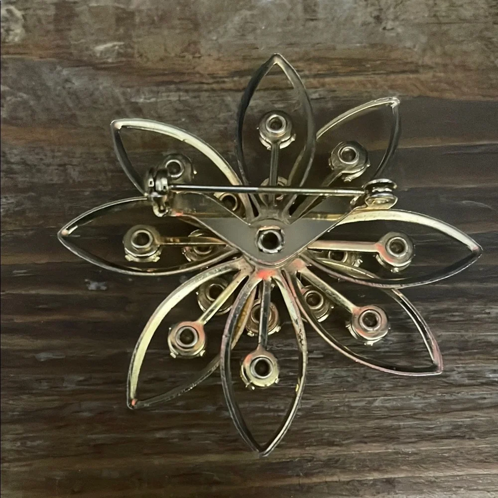 Gold and Iridescent Rhinestone Brooch - Picture 2 of 2